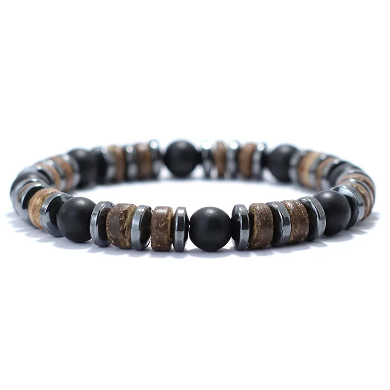 Braccialetto Da Uomo Pietra Nera e Legno Naturale Ematite Budda