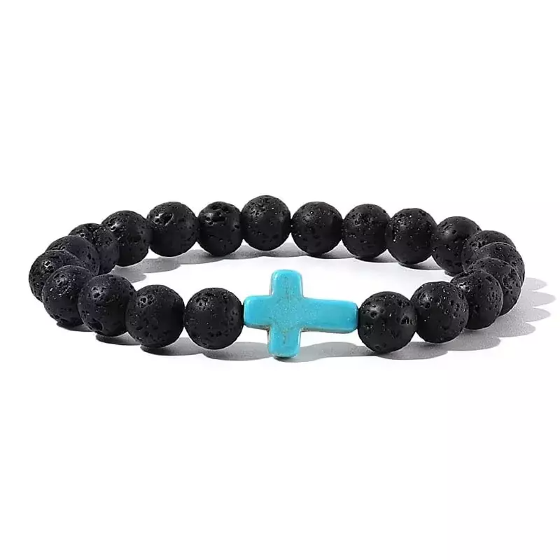 Bracciale in Pietra Naturale Turchese e Lava con Croce in Pietra Turchese