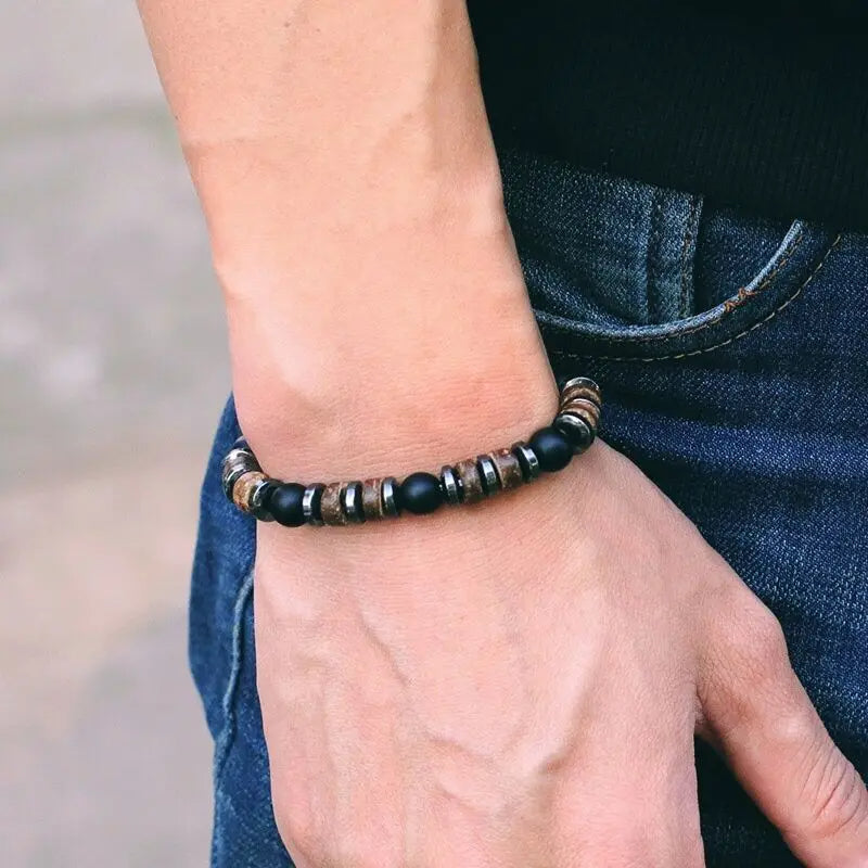 Braccialetto Da Uomo Pietra Nera e Legno Naturale Ematite Budda