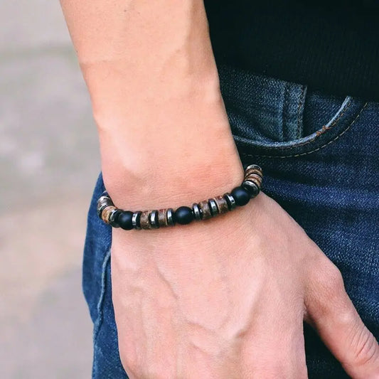 Braccialetto Da Uomo Pietra Nera e Legno Naturale Ematite Budda