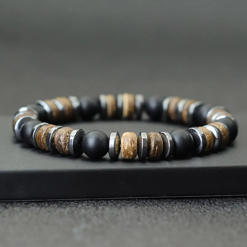 Braccialetto Da Uomo Pietra Nera e Legno Naturale Ematite Budda